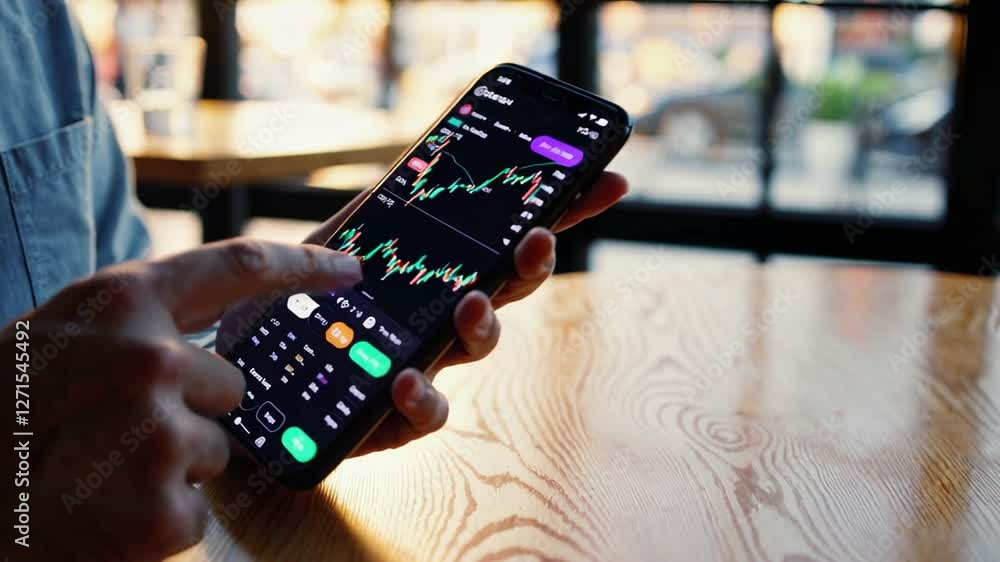 Poster Close up slow motion montage revealing financial trader analyzing investment charts on smartphone screen while sitting in cafe, exploring market data and making strategic decisions