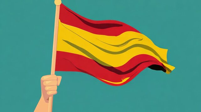 Vibrant spanish flag waving in the wind against a clear blue sky