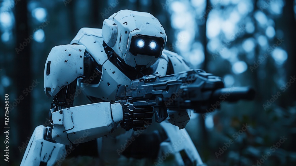 Poster a futuristic robot equipped with a weapon stands alert in a dense, dimly lit forest, showcasing adva