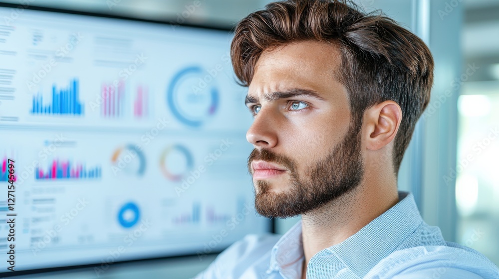 Aufkleber focused businessman analyzing digital charts on a screen, reflecting modern data-driven decision-mak