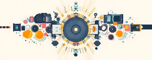 Obraz premium Assorted camera equipment and shapes arranged around a central circle