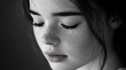 Young female with freckles and closed eyes in black and white portrait