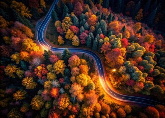 Fototapeta premium Aerial Autumn Road: Nostalgia Night Forest Drive Stock Photo