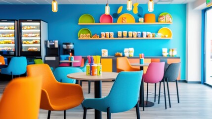 A lively and vibrant cafe interior showcasing colorful furniture and modern design elements. Ideal for relaxation and social gatherings.