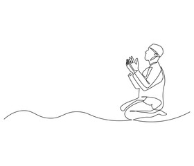 Continuous one line drawing of muslims prayer. Single line drawing illustration of Muslim person sitting and praying. Ramadan kareem concept vector art. Doodle line illustration.
