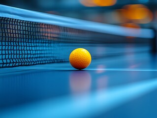 Table Tennis Ping Pong Ball on a Blue Table Near the Net
