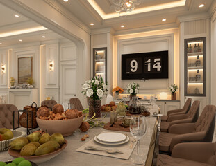 3D rendering luxurious classic dining room.