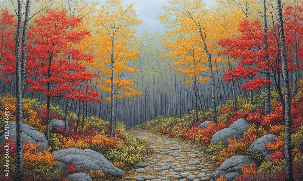 Poster vibrant autumn forest pathway lined with colorful trees and scattered rocks under a cloudy sky