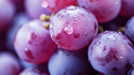 Close-up of fresh purple grapes with water droplets on a vine