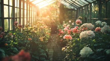 Fototapeta premium Beautiful Flowering Plants in a Serene Greenhouse Environment
