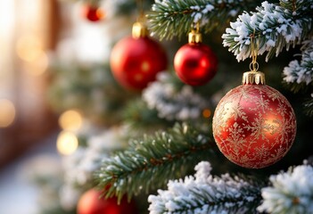 Fototapeta premium Festive Red Ornaments Adorn a Beautifully Decorated Christmas Tree in Winter. Generative AI