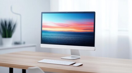 Fototapeta premium Modern Computer Setup on Wooden Desk with Sunrise Seascape Display