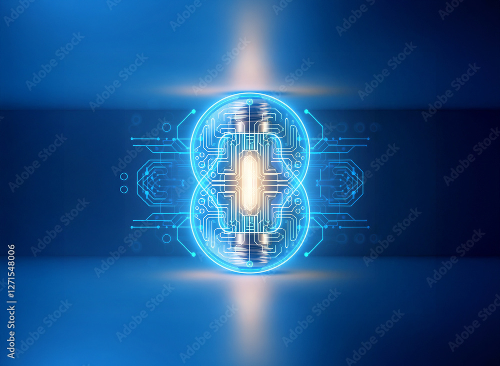 Fototapete abstract sci-fi background showcasing a glowing blue and yellow orb with intricate circuit patterns,