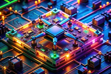 Fototapeta premium Aerial Drone Shot: Glowing Circuit Board Technology Abstract