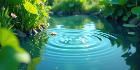 Fototapeta premium Serene Pond with Ripples, Tranquil Water Surface Reflected by Lush Green Vegetation and Delicate Pink Flowers