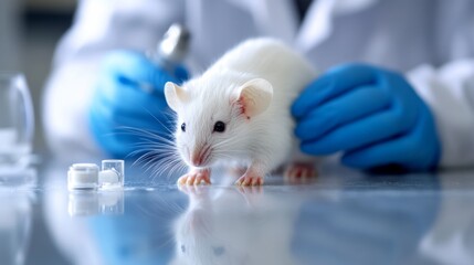 White lab mouse in scientific research setting with blue-gloved scientist