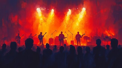 Obraz premium Silhouettes of people in front of a concert stage, enjoying the live music performance with bright stage spotlights shining on the band 