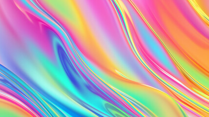 Obraz premium Liquid fluid holographic rainbow horizontal abstract background. Smooth waves of colorful holographic poster. Bright colorful wallpaper. Digital raster bitmap. Photo style. AI artwork.