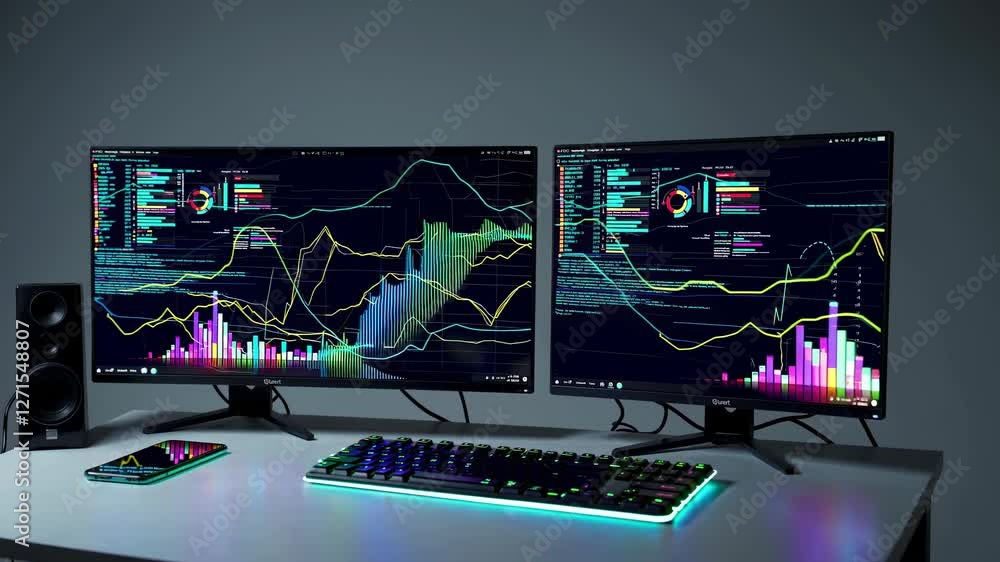 Poster analysis of data trends displayed on dual monitors in a modern workspace setup at night