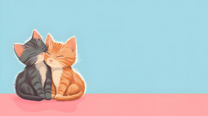 Two adorable cartoon kittens snuggling together against a soft pastel background.