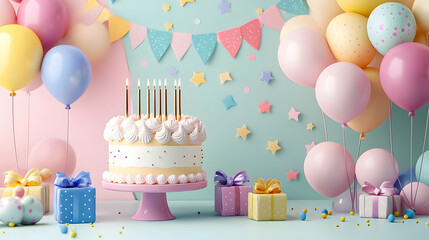 Colorful birthday celebration setup with cake, balloons, and gifts in a joyful atmosphere