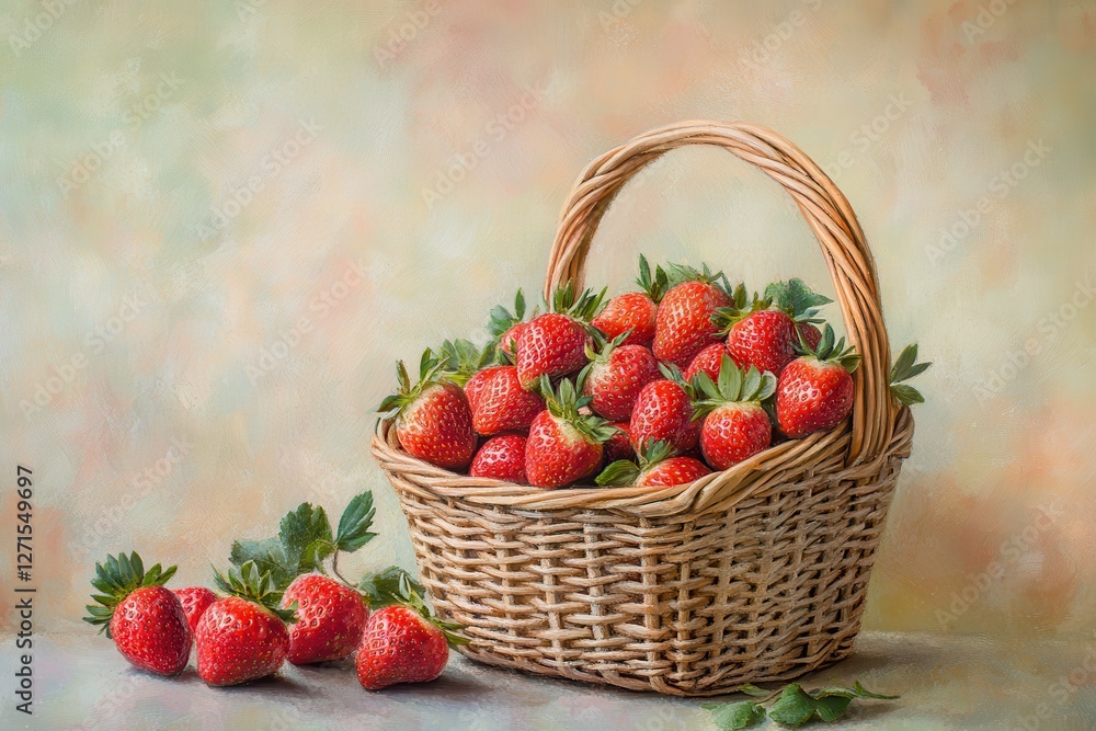Aufkleber freshly picked strawberries in a wicker basket on a soft textured background