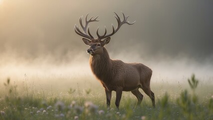 Majestic stag stands in misty meadow during golden hour in early morning light