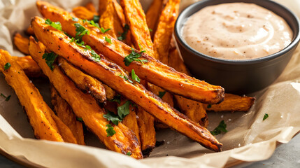Crispy fried sweet potato fries with a spicy tangy dip sauce on the side, perfect for dipping and snacking.