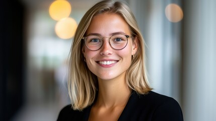 Obraz premium Smiling woman with glasses standing indoors, bright lights in background, professional attire, cheerful expression.