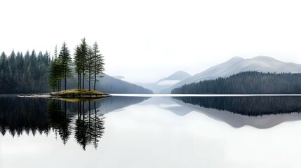 Serene Lake Landscape with Island and Mountain Reflections