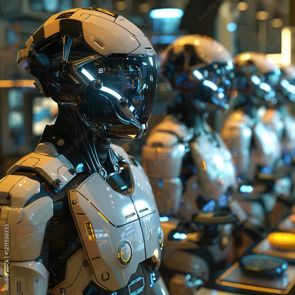 Poster a futuristic display of humanoid robots, showcasing advanced technology and intricate designs in a m