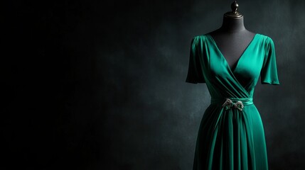 Elegant green dress on mannequin with dark background