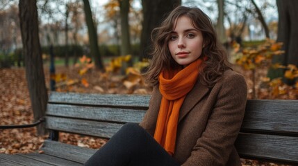 Obraz premium Young female sitting on bench in autumn park wearing orange scarf