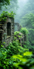 Fototapeta premium Ancient stone ruins engulfed by lush green forest in misty atmosphere capturing timeless serenity