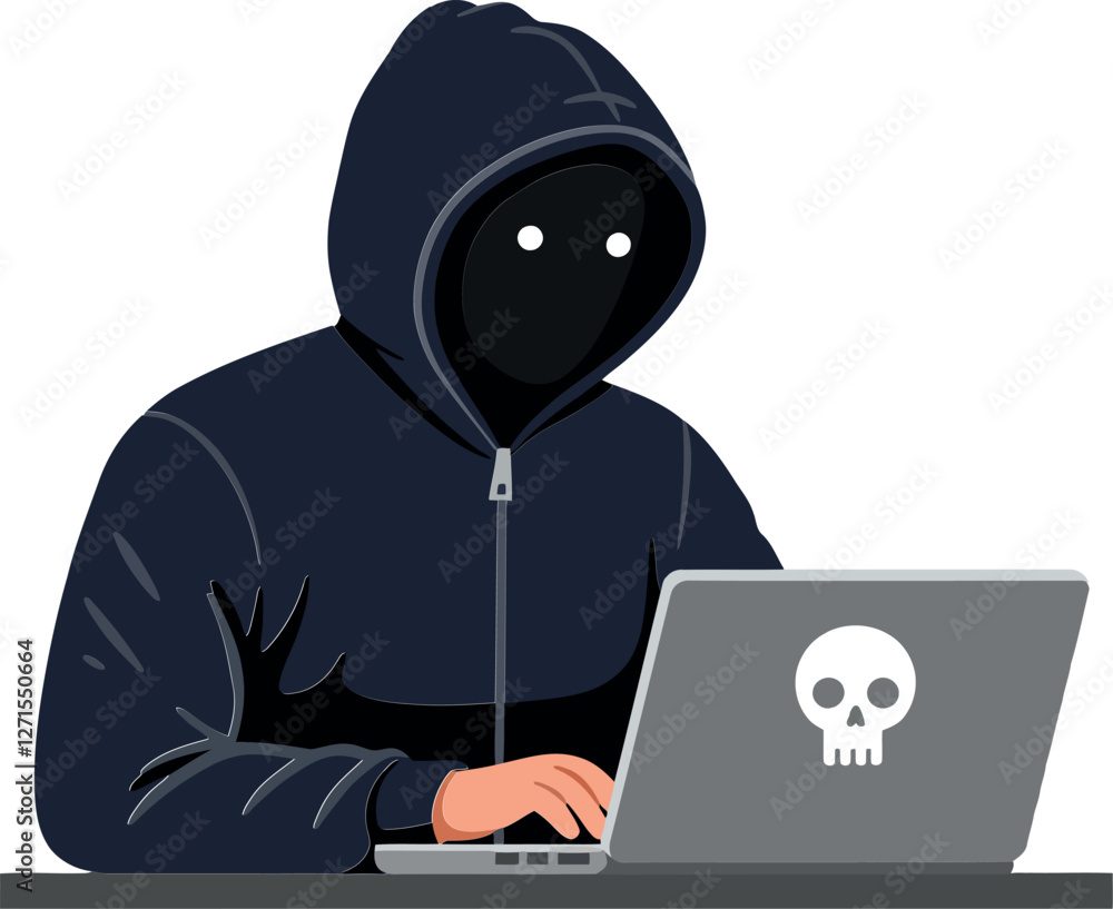 Poster mysterious hacker in a hoodie using a laptop in flat vector art