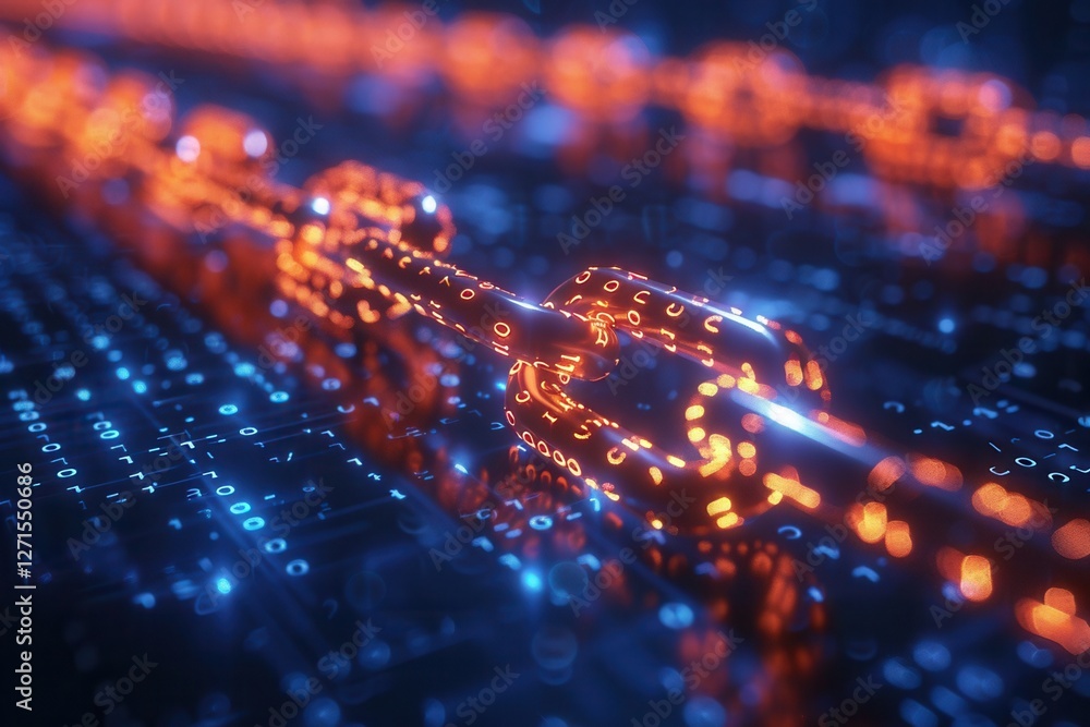 Poster a visually striking representation of a digital chain, illuminated with orange and blue hues, symbol