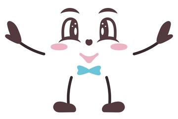 Face with positive emotions with arms and legs. Color vector illustration. Isolated white background. Cartoon. Smiling facial expression, blush, eyebrows, bow tie. Cute grimace.