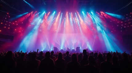 A lively concert scene with fans silhouetted by bright lights, watching the band perform on stage under vibrant spotlights 