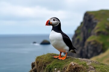 Puffin Perched on Cliff Overlooking Ocean - Beautiful Bird Photography