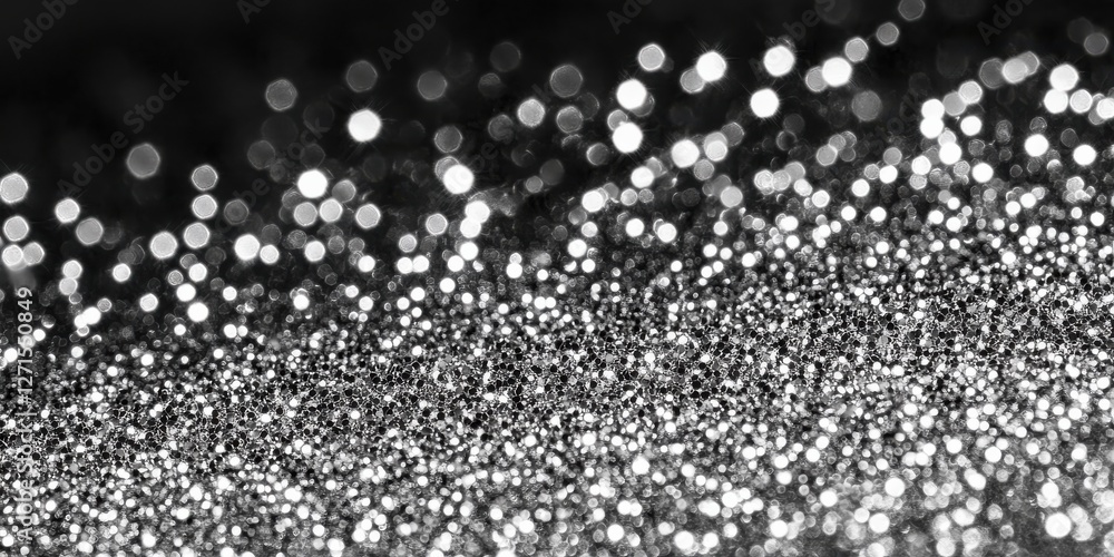 Poster sparkling silver and black abstract background with defocused light bokeh