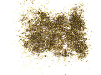 Bunch of dried dill isolated on white background, top view. Bunch of dried dill isolated on white. Dried fennel, crushed dill powder. Green ground dried dill isolated