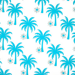 A seamless pattern of palm trees and suns in electric blue on a white background. This artistic design showcases symmetry and creative arts
