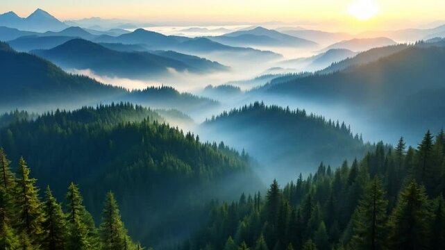 Misty Mountain Sunrise with Pine Forests