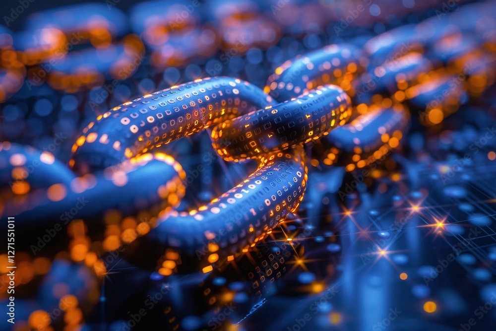 Poster a close-up of a glowing digital chain link, symbolizing connectivity and security in the technology 