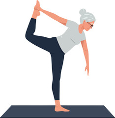 Senior woman practicing yoga in a flat and minimal vector art