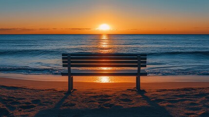 Serene Sunset Over Calm Ocean with Bench on Sandy Beach Shore