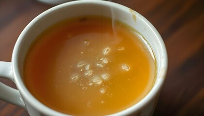 a close up of a cup of tea on a table