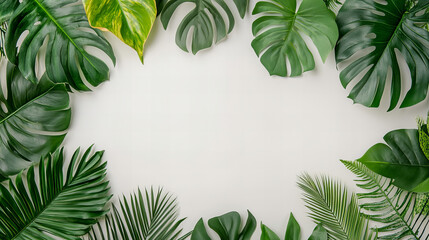Fototapeta premium Fresh tropical leaves arranged in a natural border on a white background, ideal for botanical designs, eco-friendly branding, summer invitations, organic product packaging, and nature-inspired project