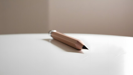 A brown wooden pencil with a silver cap lies diagonally on a white table, casting a subtle shadow. The composition is simple yet effective, with a warm and natural feel, emphasizing the texture of the