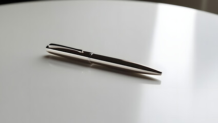 A sleek black pen lies on a white reflective table, creating a slight shadow. The contrast between the dark pen and the bright background highlights its elegant design and professional appearance.